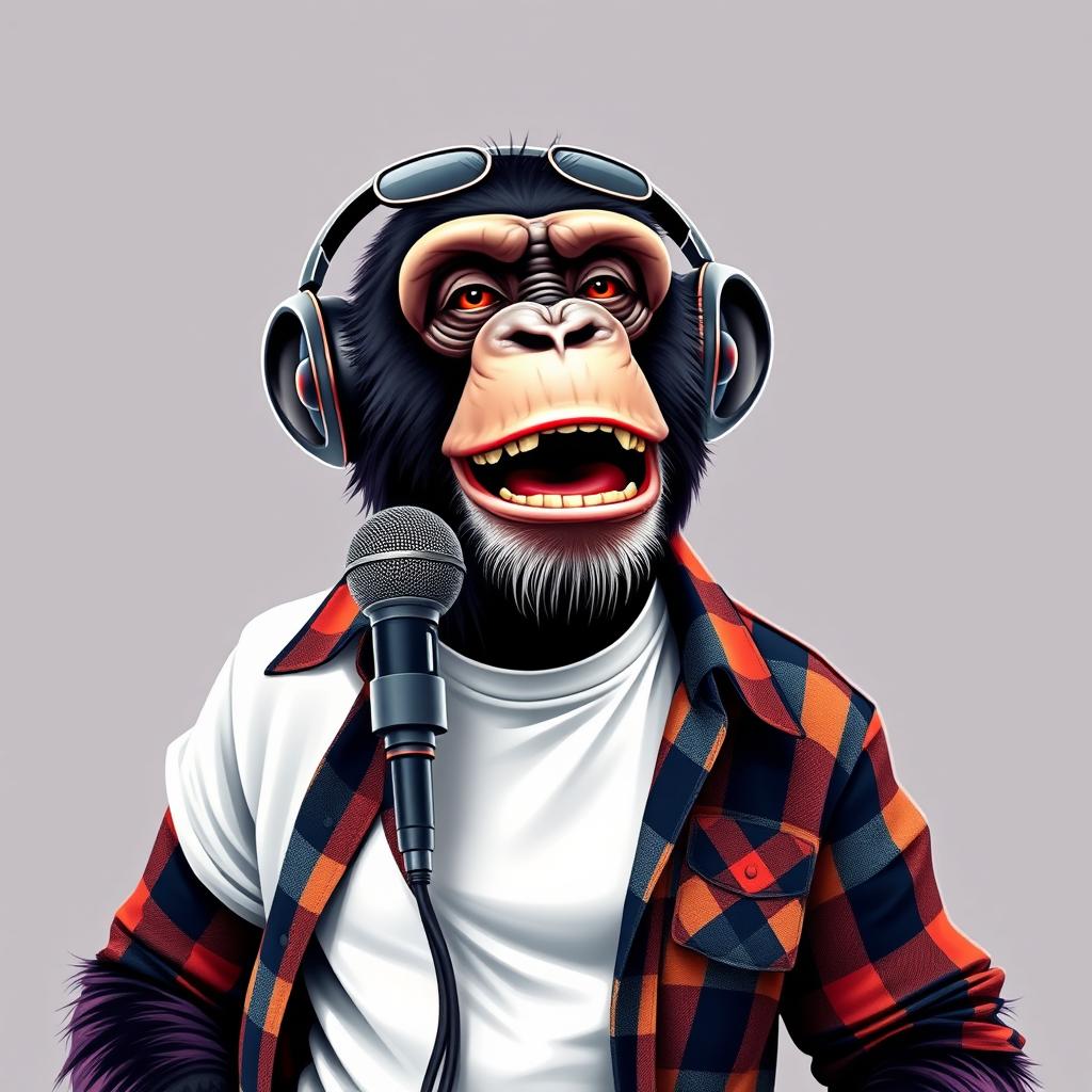 A hyper-realistic logo design featuring a sassy chimpanzee dressed in a white t-shirt layered with an unbuttoned flannel shirt