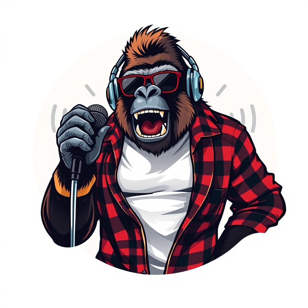 A hyper-realistic logo design featuring a sassy gorilla dressed in a white t-shirt layered with an unbuttoned flannel shirt