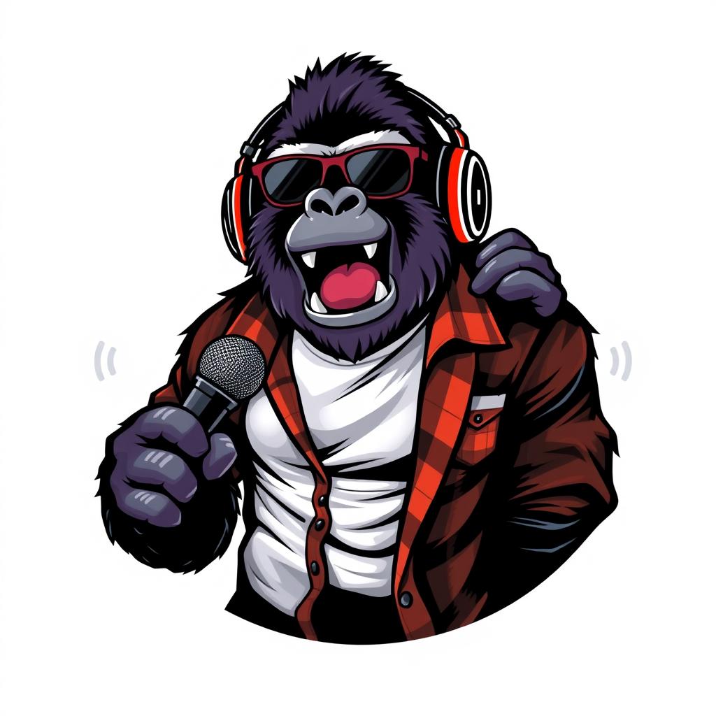 A hyper-realistic logo design featuring a sassy gorilla dressed in a white t-shirt layered with an unbuttoned flannel shirt