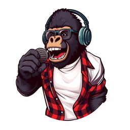 A hyper-realistic logo design featuring a sassy gorilla dressed in a white t-shirt layered with an unbuttoned flannel shirt