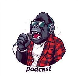 A hyper-realistic logo design featuring a sassy gorilla dressed in a white t-shirt layered with an unbuttoned flannel shirt