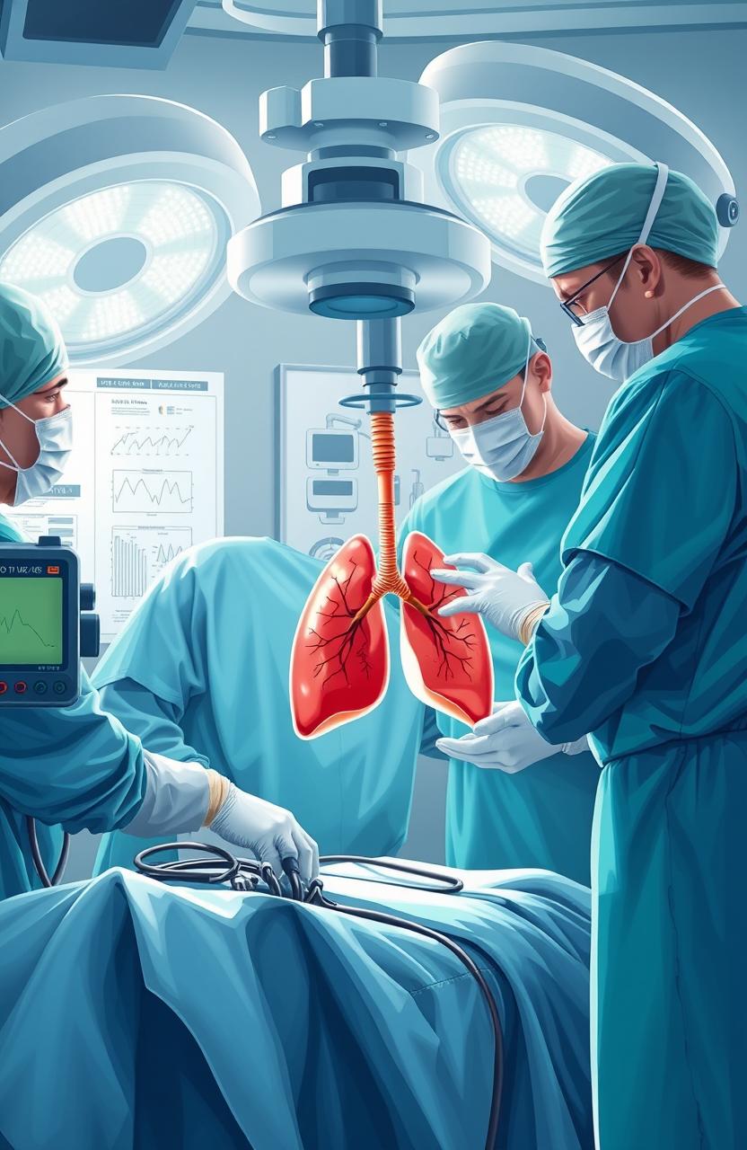 An illustrative depiction of a surgical procedure showcasing lung transplantation, featuring a highly skilled surgical team in a bright and sterile operating room