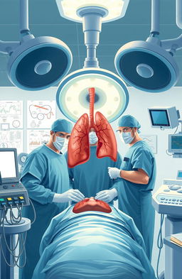 An illustrative depiction of a surgical procedure showcasing lung transplantation, featuring a highly skilled surgical team in a bright and sterile operating room