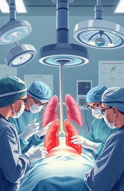 An illustrative depiction of a surgical procedure showcasing lung transplantation, featuring a highly skilled surgical team in a bright and sterile operating room