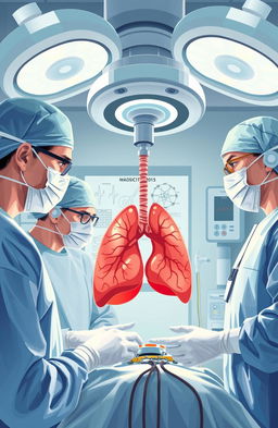 An illustrative depiction of a surgical procedure showcasing lung transplantation, featuring a highly skilled surgical team in a bright and sterile operating room