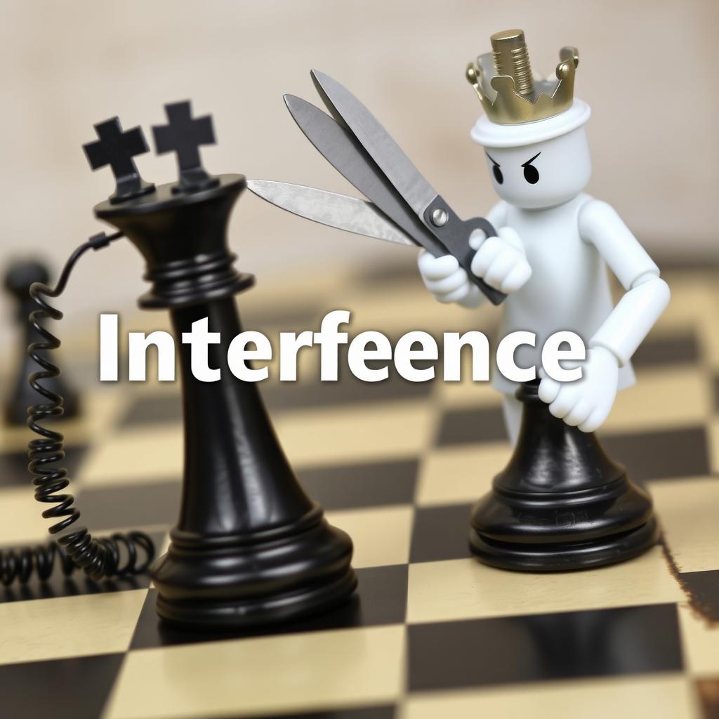 Two black chess pieces, a queen and a king, connected by vintage telephones linked with a cable, symbolizing their communication on a chessboard