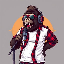 A hyper-realistic logo design featuring a sassy gorilla dressed in a white t-shirt layered with an unbuttoned flannel shirt