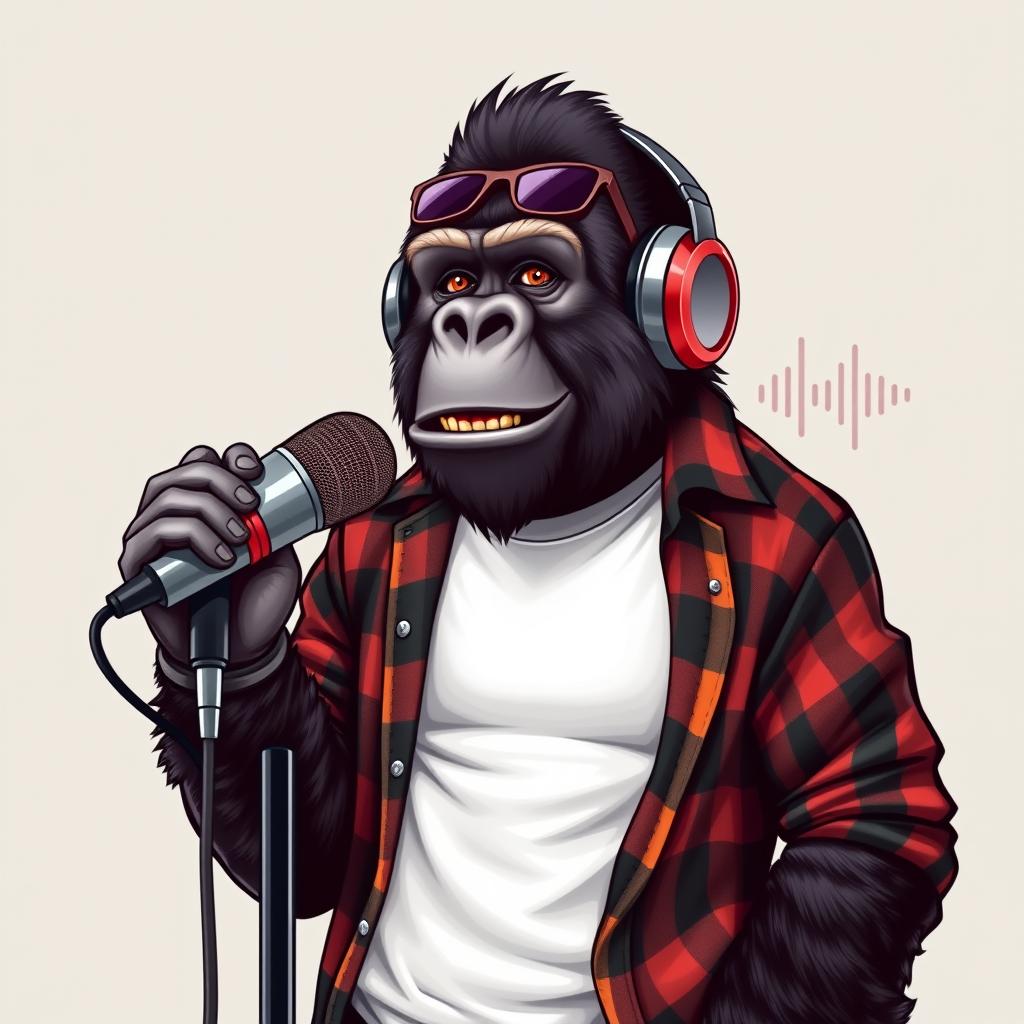 A hyper-realistic logo design featuring a sassy gorilla dressed in a white t-shirt layered with an unbuttoned flannel shirt