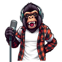 A hyper-realistic logo design featuring a sassy gorilla dressed in a white t-shirt layered with an unbuttoned flannel shirt