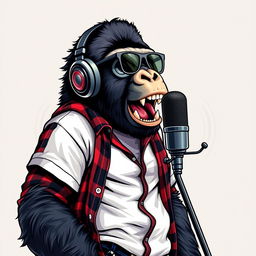 A hyper-realistic logo design featuring a sassy gorilla dressed in a white t-shirt layered with an unbuttoned flannel shirt