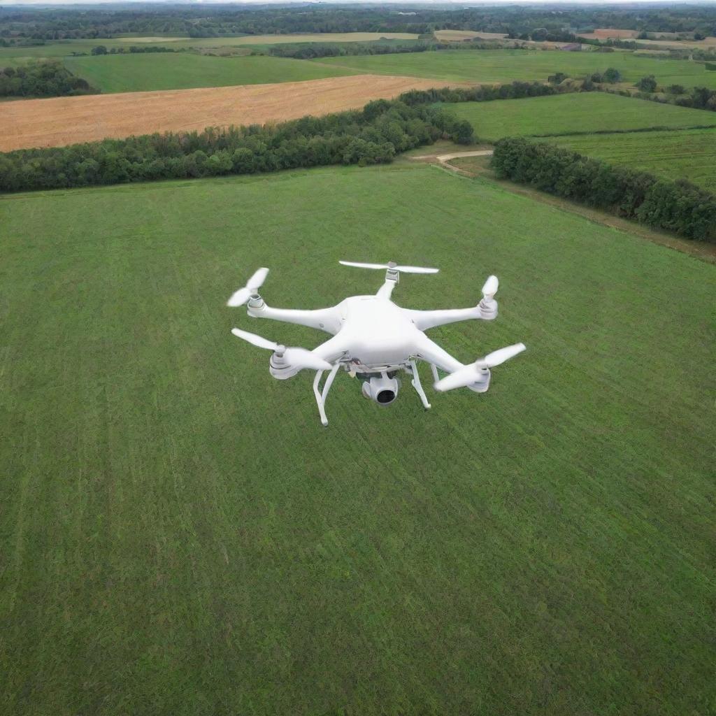 Drone flying over lush agricultural fields, dropping off packages. Showcase the concept of efficiency and eco-friendliness with the future technology of delivery drones in use.