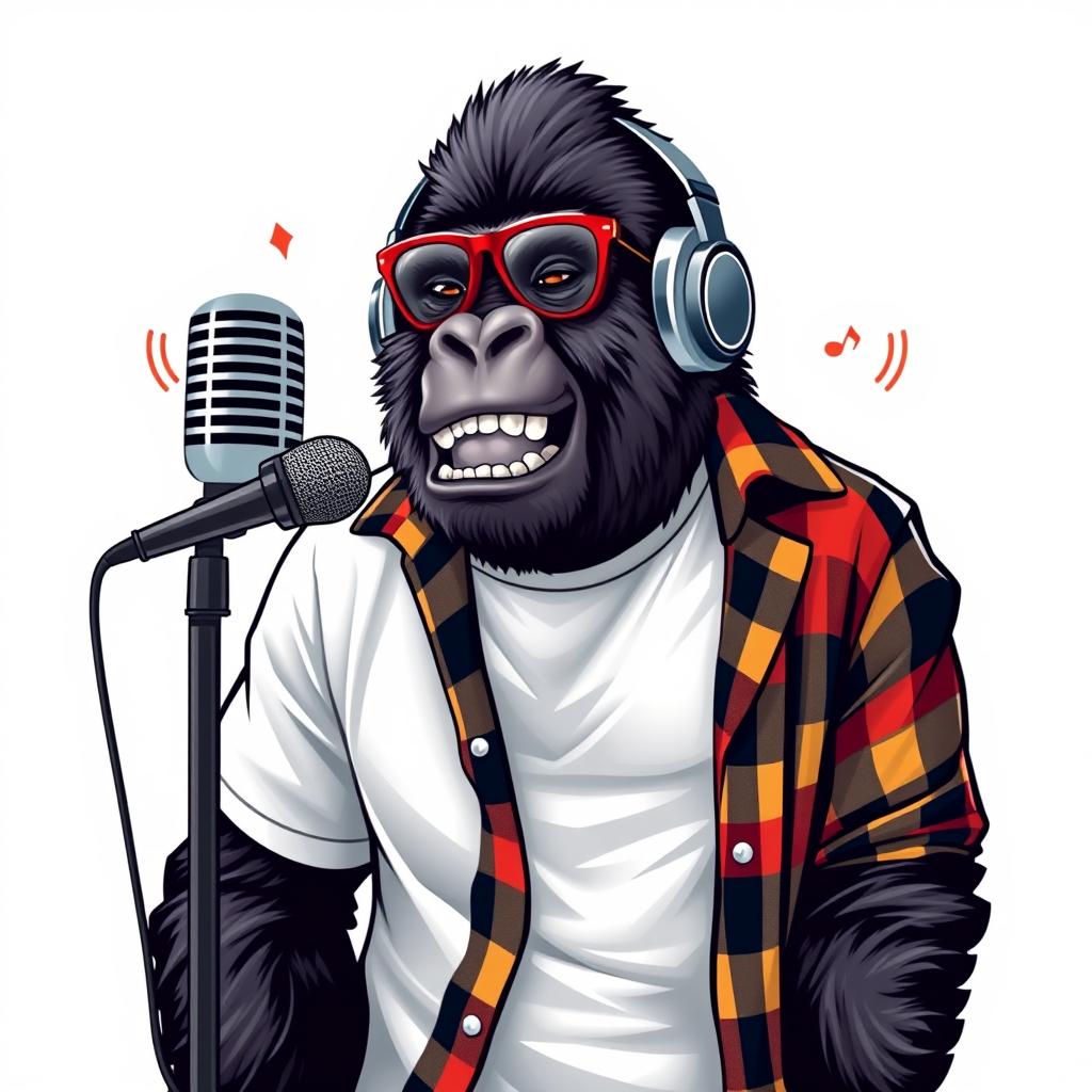 A hyper-realistic logo design featuring a sassy gorilla dressed in a white t-shirt layered with an unbuttoned flannel shirt