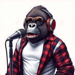 A hyper-realistic logo design featuring a sassy gorilla dressed in a white t-shirt layered with an unbuttoned flannel shirt