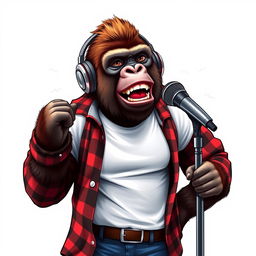 A hyper-realistic logo design featuring a sassy gorilla dressed in a white t-shirt layered with an unbuttoned flannel shirt