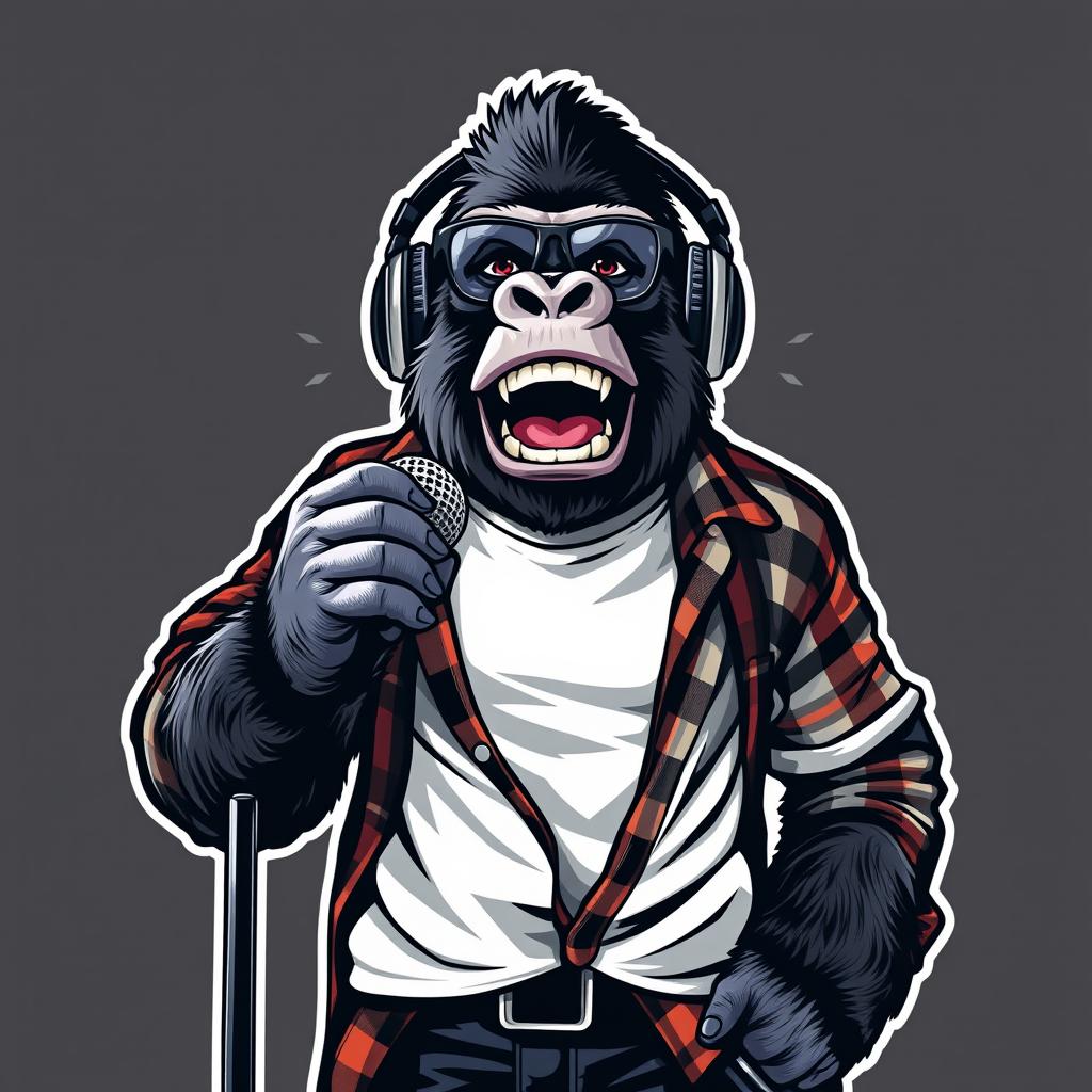 A hyper-realistic logo design featuring a sassy gorilla dressed in a white t-shirt layered with an unbuttoned flannel shirt