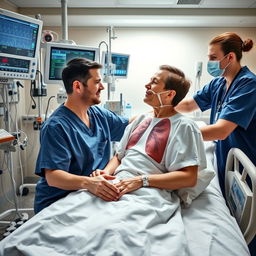 A dynamic scene in an ICU setting that showcases a physiotherapist working with a lung transplant patient