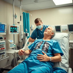 A dynamic scene in an ICU setting that showcases a physiotherapist working with a lung transplant patient