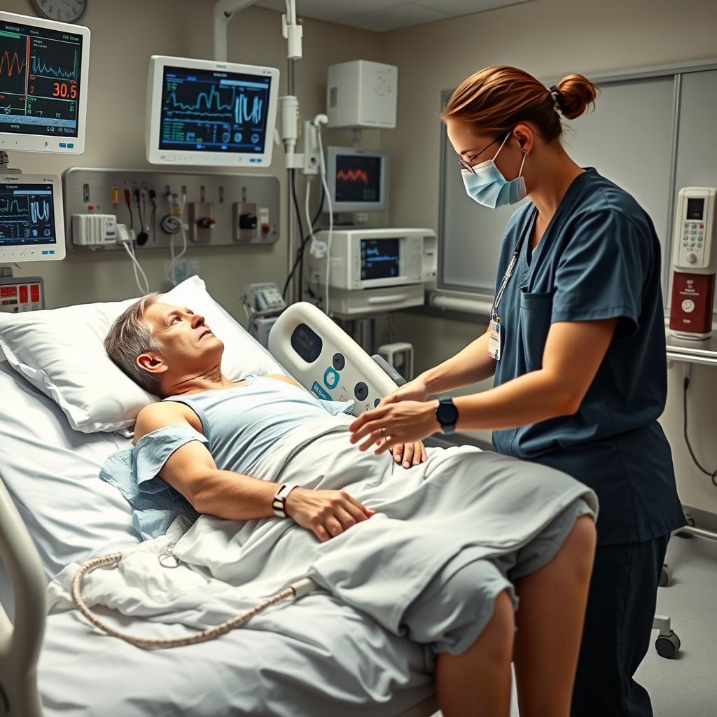 A dynamic scene in an ICU setting that showcases a physiotherapist working with a lung transplant patient