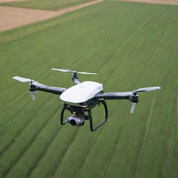 Drone flying over lush agricultural fields, dropping off packages. Showcase the concept of efficiency and eco-friendliness with the future technology of delivery drones in use.