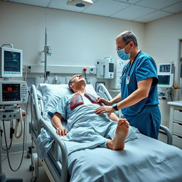 A dynamic scene in an ICU setting that showcases a physiotherapist working with a lung transplant patient