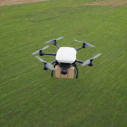 Drone flying over lush agricultural fields, dropping off packages. Showcase the concept of efficiency and eco-friendliness with the future technology of delivery drones in use.