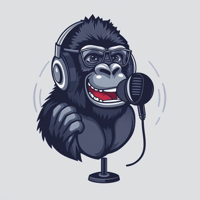 A hyper-realistic logo design featuring a sassy gorilla wearing stylish headphones, animatedly speaking into a microphone that is mounted on a microphone stand