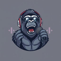 A hyper-realistic logo design featuring a sassy gorilla wearing stylish headphones, animatedly speaking into a microphone that is mounted on a microphone stand