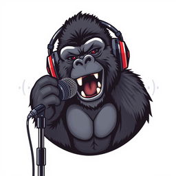 A hyper-realistic logo design featuring a sassy gorilla wearing stylish headphones, animatedly speaking into a microphone that is mounted on a microphone stand