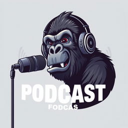 A hyper-realistic logo design featuring a sassy gorilla wearing stylish headphones, animatedly speaking into a microphone that is mounted on a microphone stand