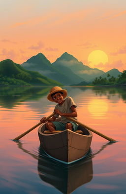 A vibrant and realistic illustration depicting an 8-year-old Afro-descendant boy in a small wooden canoe named 'Patrullero P-123', rowing through a calm bay at dawn in Puerto Barrios, Izabal, Guatemala