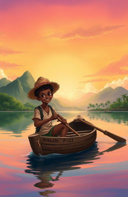 A vibrant and realistic illustration depicting an 8-year-old Afro-descendant boy in a small wooden canoe named 'Patrullero P-123', rowing through a calm bay at dawn in Puerto Barrios, Izabal, Guatemala