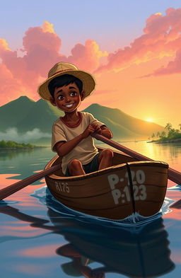 A vibrant and realistic illustration depicting an 8-year-old Afro-descendant boy in a small wooden canoe named 'Patrullero P-123', rowing through a calm bay at dawn in Puerto Barrios, Izabal, Guatemala