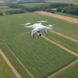 Drone flying over lush agricultural fields, dropping off packages. Showcase the concept of efficiency and eco-friendliness with the future technology of delivery drones in use.