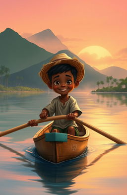 A vibrant and realistic illustration depicting an 8-year-old Afro-descendant boy in a small wooden canoe named 'Patrullero P-123', rowing through a calm bay at dawn in Puerto Barrios, Izabal, Guatemala