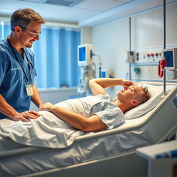 A vibrant scene of an ICU physiotherapy session, showcasing a physiotherapist assisting a patient in recovery