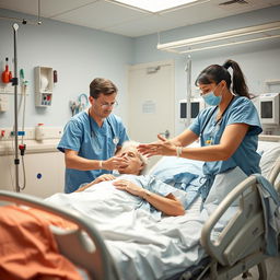 A vibrant scene of an ICU physiotherapy session, showcasing a physiotherapist assisting a patient in recovery