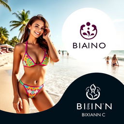 A stylish bikini brand advertisement featuring a confident, attractive model on a sunny beach, wearing a colorful bikini