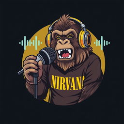 A hyper-realistic logo design featuring a sassy gorilla wearing a NIRVANA t-shirt and stylish headphones, animatedly talking into a microphone that is mounted on a microphone stand