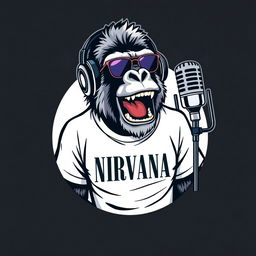 A hyper-realistic logo design featuring a sassy gorilla wearing a NIRVANA t-shirt and stylish headphones, animatedly talking into a microphone that is mounted on a microphone stand