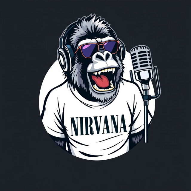 A hyper-realistic logo design featuring a sassy gorilla wearing a NIRVANA t-shirt and stylish headphones, animatedly talking into a microphone that is mounted on a microphone stand