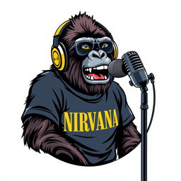 A hyper-realistic logo design featuring a sassy gorilla wearing a NIRVANA t-shirt and stylish headphones, animatedly talking into a microphone that is mounted on a microphone stand