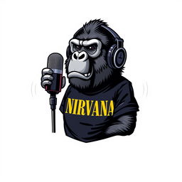 A hyper-realistic logo design featuring a sassy gorilla wearing a NIRVANA t-shirt and stylish headphones, animatedly talking into a microphone that is mounted on a microphone stand