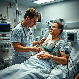 An engaging scene of ICU respiratory physiotherapy in action, depicting a skilled physiotherapist working closely with a critically ill patient