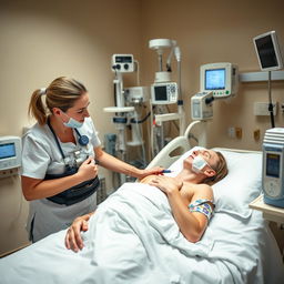 An engaging scene of ICU respiratory physiotherapy in action, depicting a skilled physiotherapist working closely with a critically ill patient