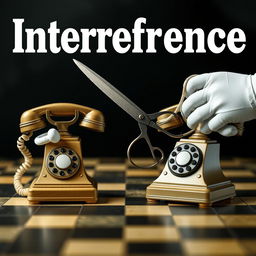 A striking image featuring two vintage telephones linked by a cable, symbolizing communication, positioned on a chessboard