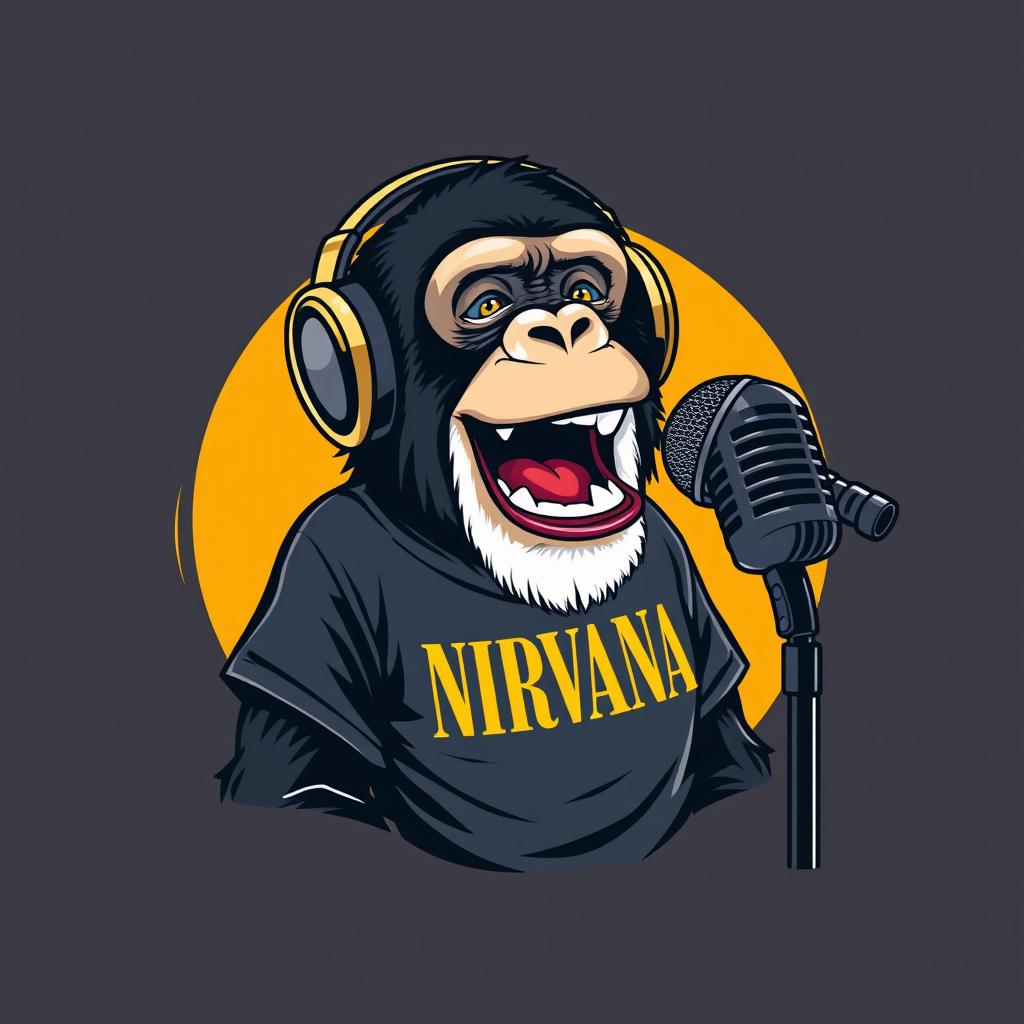 A hyper-realistic logo design featuring a sassy chimp wearing a NIRVANA t-shirt and stylish headphones, animatedly speaking into a microphone that is mounted on a microphone stand