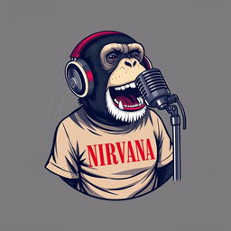 A hyper-realistic logo design featuring a sassy chimp wearing a NIRVANA t-shirt and stylish headphones, animatedly speaking into a microphone that is mounted on a microphone stand