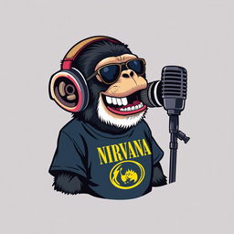 A hyper-realistic logo design featuring a sassy chimp wearing a NIRVANA t-shirt and stylish headphones, animatedly speaking into a microphone that is mounted on a microphone stand