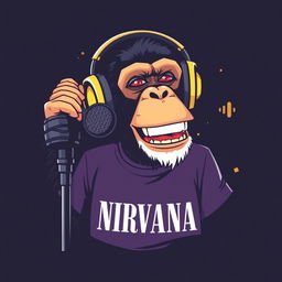 A hyper-realistic logo design featuring a sassy chimp wearing a NIRVANA t-shirt and stylish headphones, animatedly speaking into a microphone that is mounted on a microphone stand