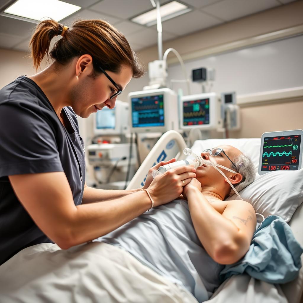 An intimate and focused scene of ICU respiratory physiotherapy being conducted on a ventilated patient